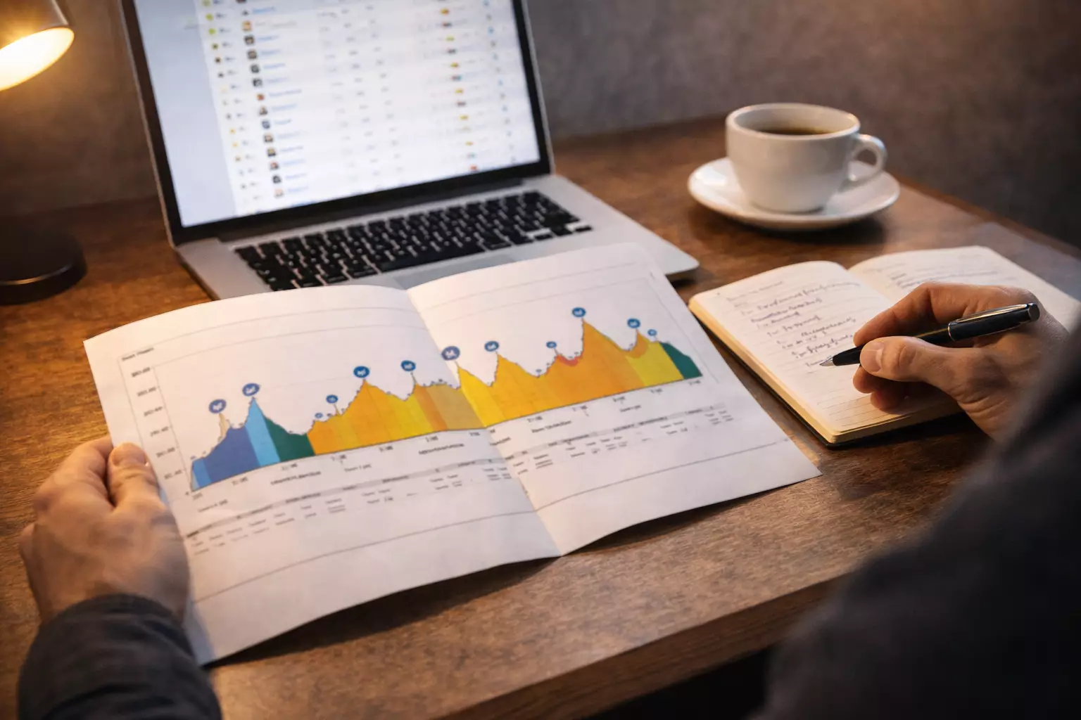 Director deportivo analizando el perfil de una etapa ciclista con notas y un mapa de ruta sobre la mesa