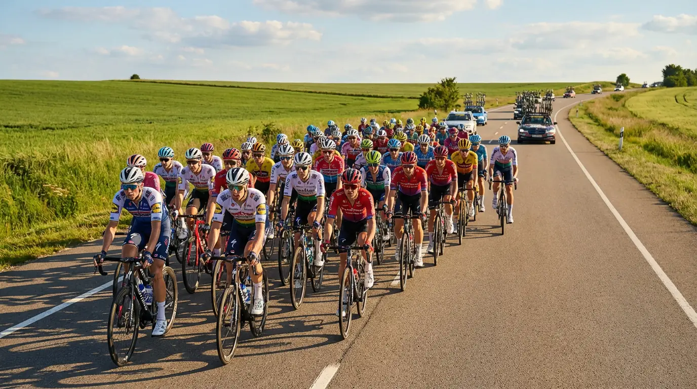 Pelotón ciclista rodando por una carretera abierta semanas antes de una gran vuelta