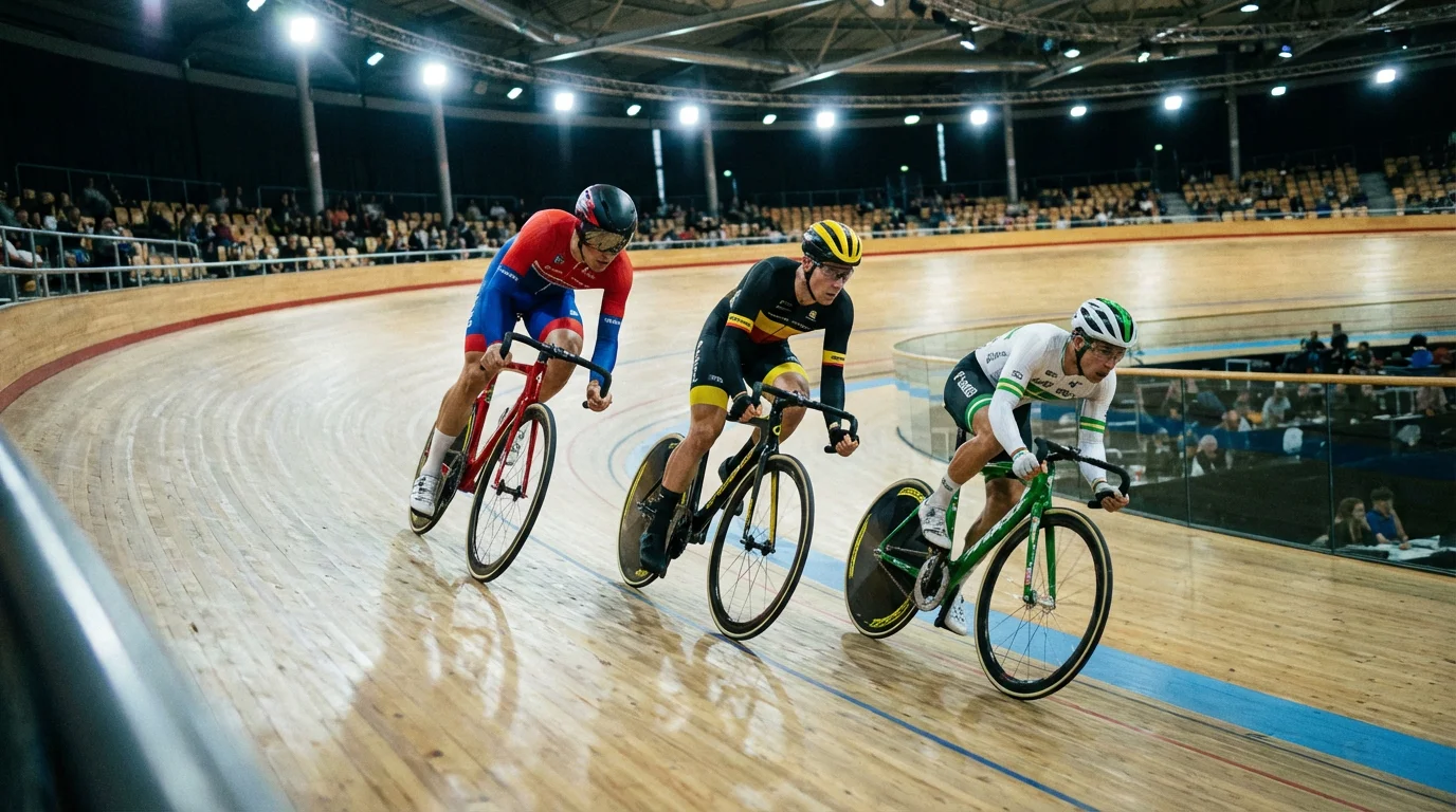 Ciclistas compitiendo en velódromo de pista de madera