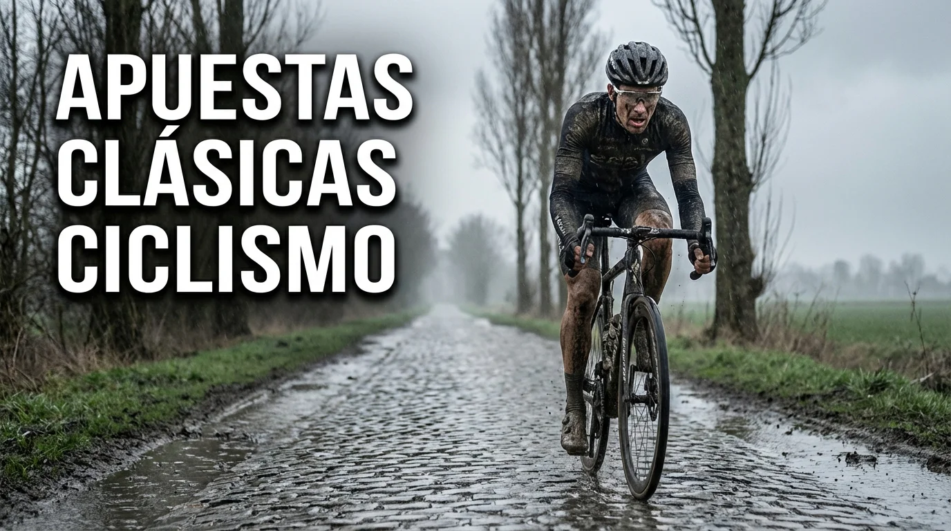 Ciclista rodando sobre los adoquines de la París-Roubaix con polvo y barro en una clásica ciclista