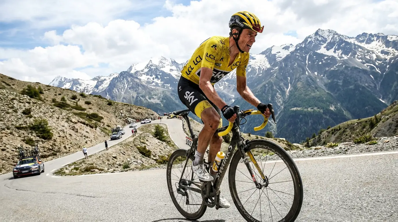 Ciclista con maillot de líder ascendiendo un puerto de montaña durante una gran vuelta