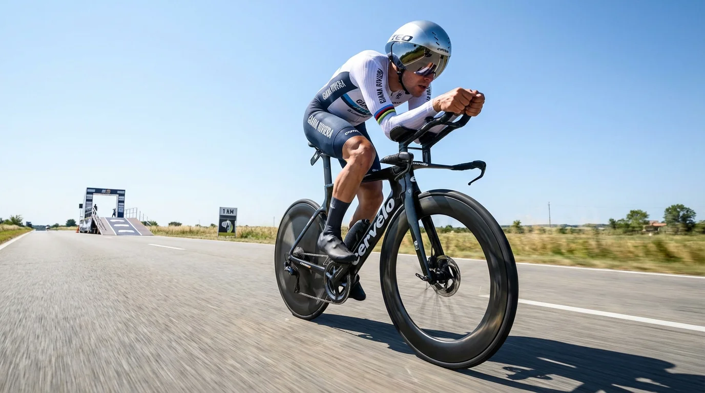 Ciclista en posición aerodinámica durante una contrarreloj individual con casco aero y bicicleta TT