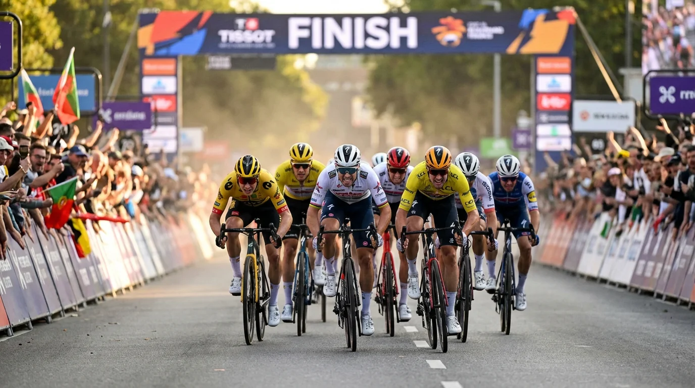 Grupo de ciclistas disputando un final de etapa con varios corredores luchando por el podio