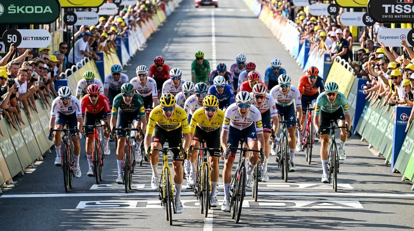 Sprint masivo del pelotón ciclista con velocistas disputando la victoria en una recta de meta