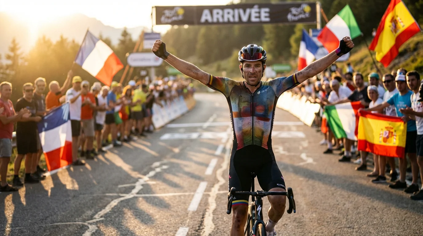 Ciclista cruzando la meta de una etapa con los brazos en alto en una gran vuelta
