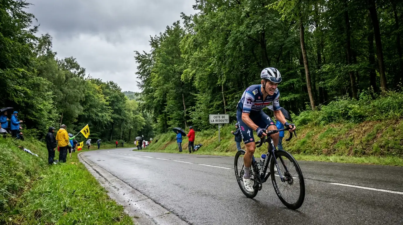Ciclista ascendiendo una côte empinada de las Ardenas belgas en primavera