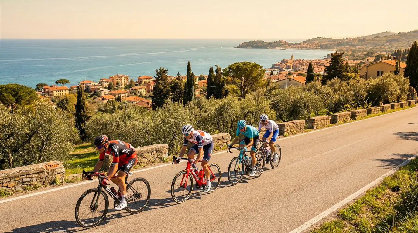 Pelotón ciclista descendiendo el Poggio hacia la costa de San Remo con el mar de fondo