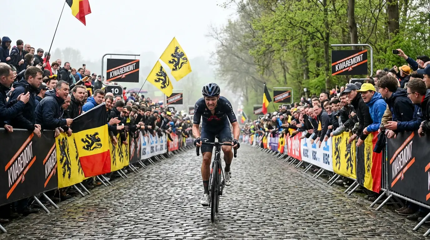 Ciclista subiendo un muro adoquinado de Flandes con aficionados a ambos lados
