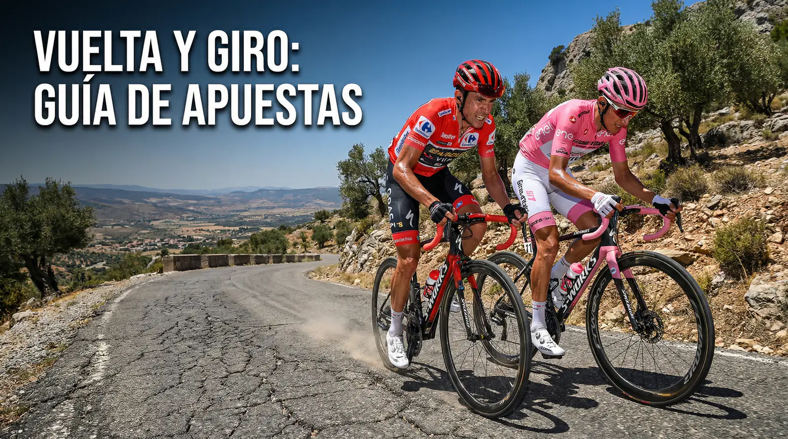 Ciclistas ascendiendo un puerto de montaña en una gran vuelta con paisaje mediterráneo