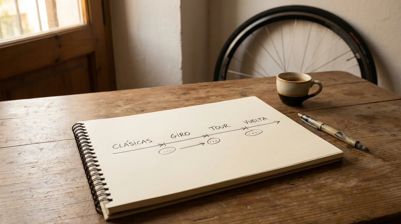 Bloc de notas abierto con un plan de temporada ciclista y una bicicleta de carretera al fondo