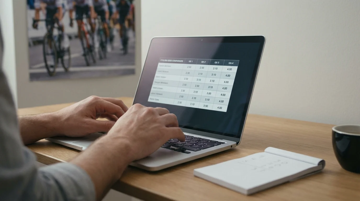 Persona comparando cuotas de ciclismo en una pantalla de ordenador portátil