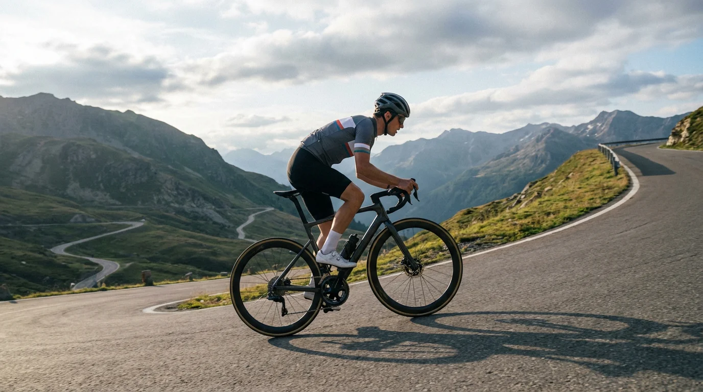 Ciclista profesional entrenando con potenciómetro en carretera de montaña