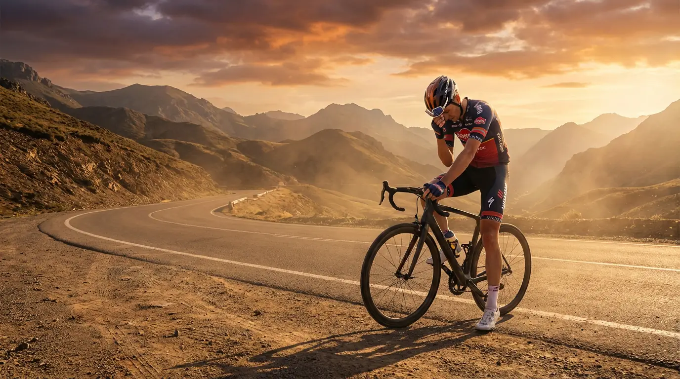 Ciclista detenido en el arcén de una carretera de montaña con gesto de frustración