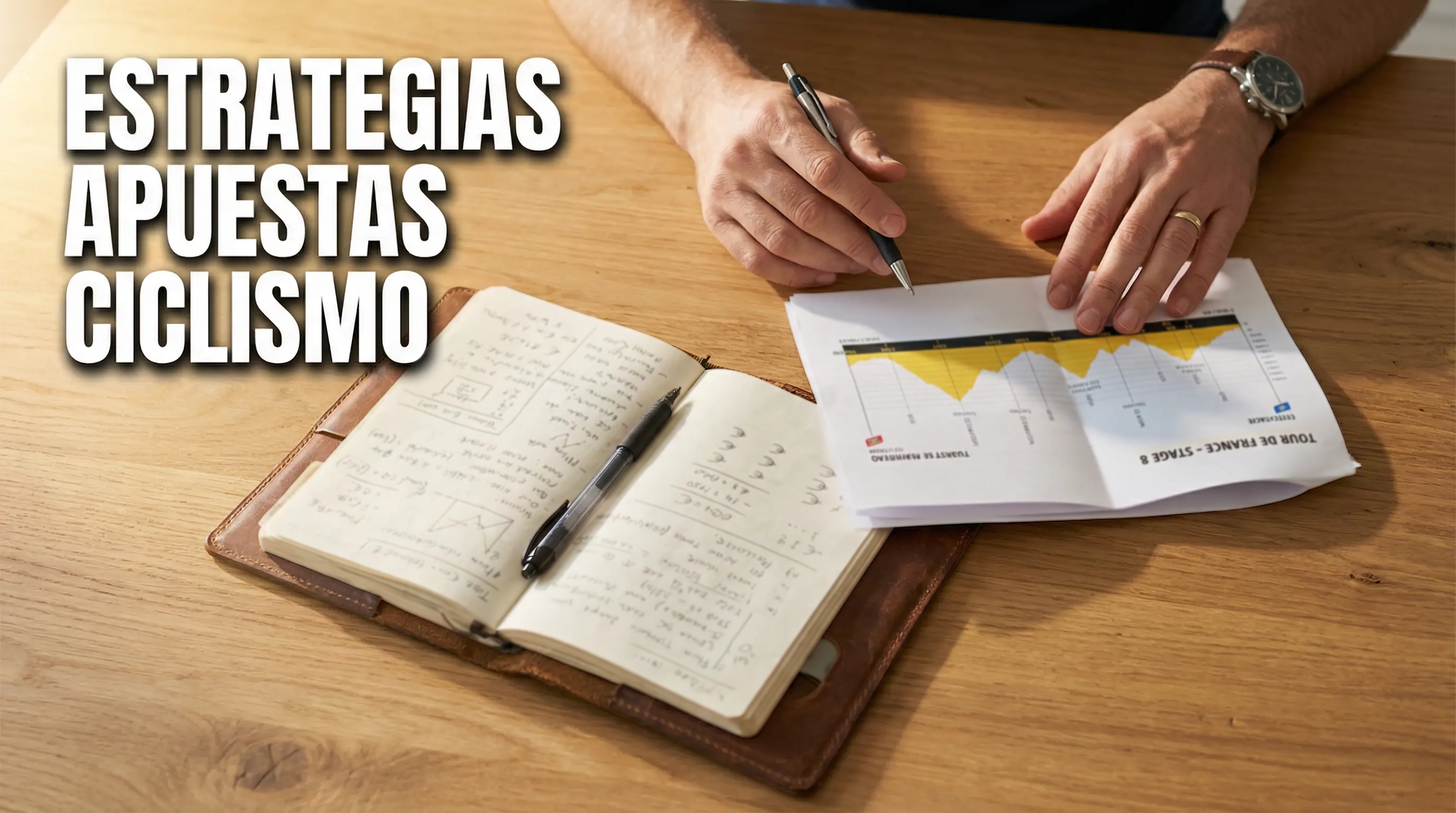 Persona analizando datos de una carrera ciclista con documentos y notas de estrategia sobre una mesa