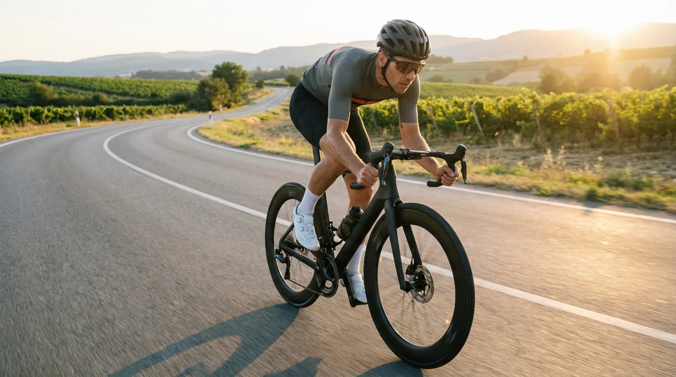 Ciclista profesional con sensores de rendimiento en bicicleta de carretera