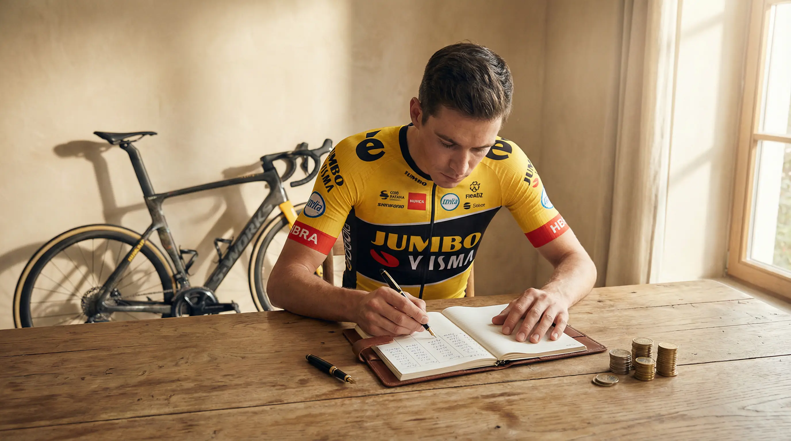 Ciclista revisando notas de gestión del bankroll junto a su bicicleta de carretera
