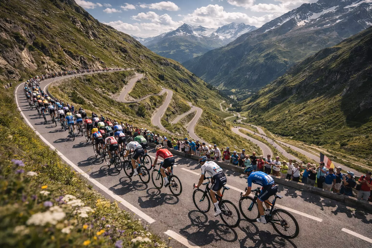 Pelotón ciclista recorriendo una carretera de montaña con curvas y público en las cunetas durante una gran vuelta