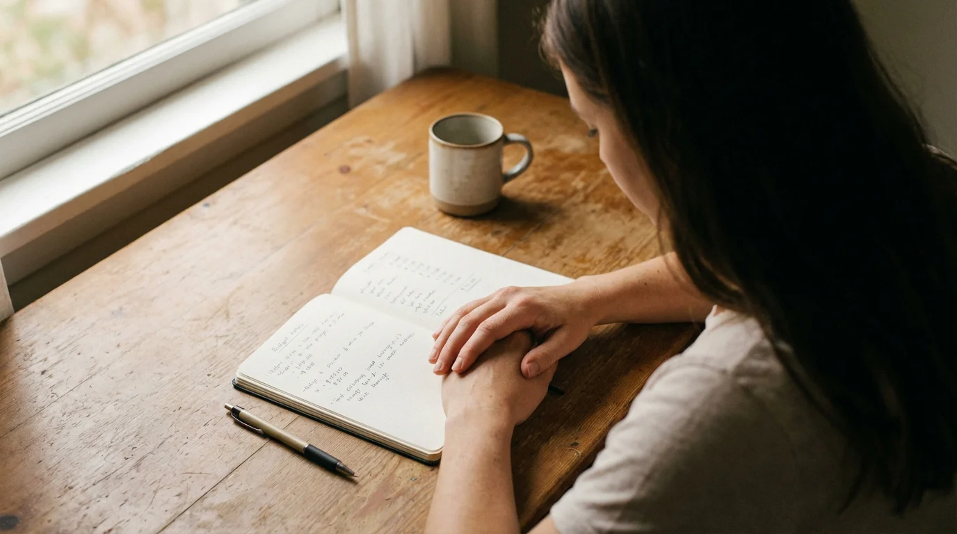 Persona reflexionando con libreta de presupuesto abierta sobre escritorio