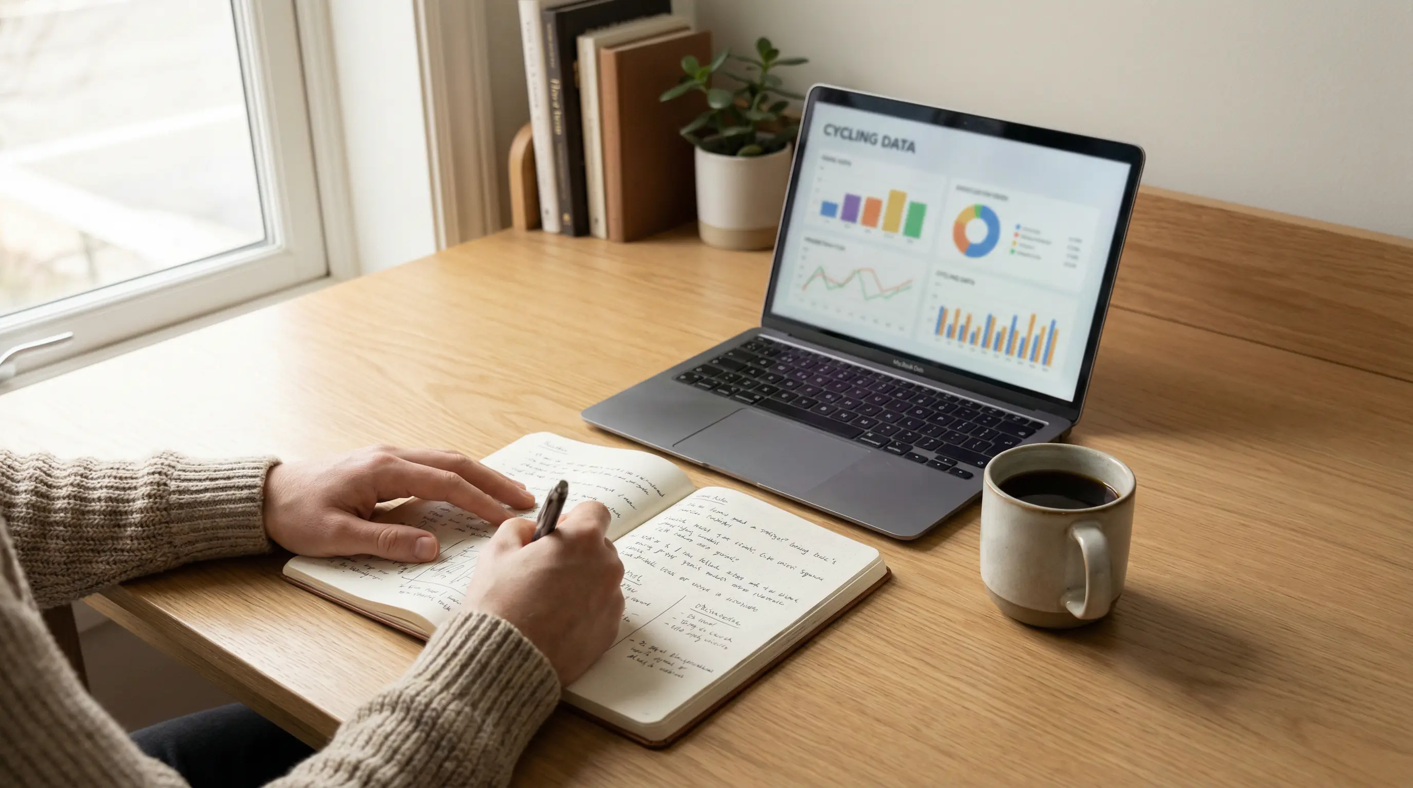 Persona analizando cuotas de ciclismo en una pantalla con una libreta de notas al lado