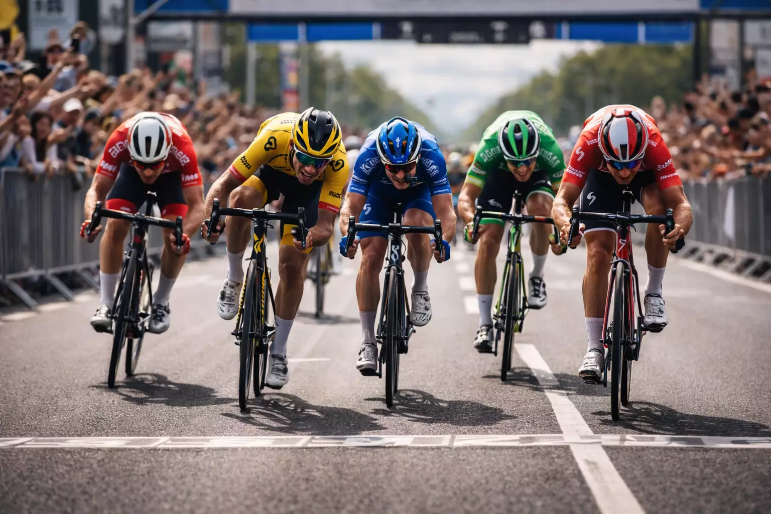 Ciclista profesional cruzando la línea de meta en una etapa llana con el pelotón detrás
