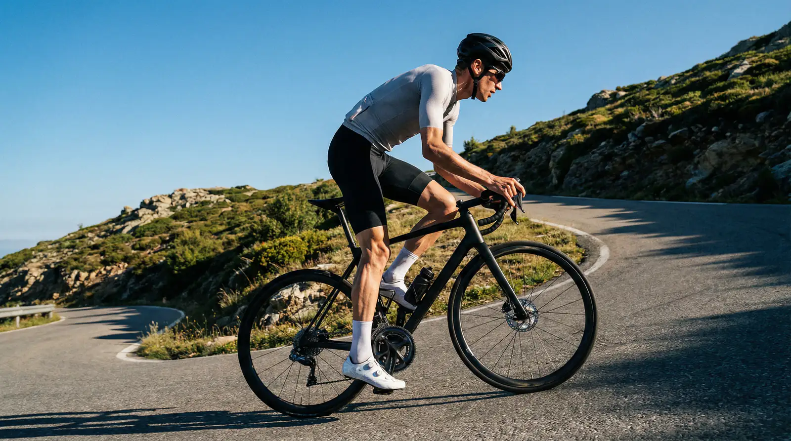 Escalador ciclista ascendiendo un puerto de montaña con pendiente pronunciada