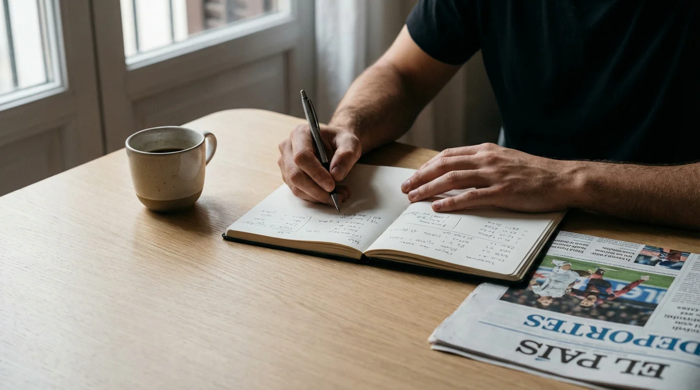 Persona analizando cuotas de ciclismo con notas y bolígrafo sobre mesa